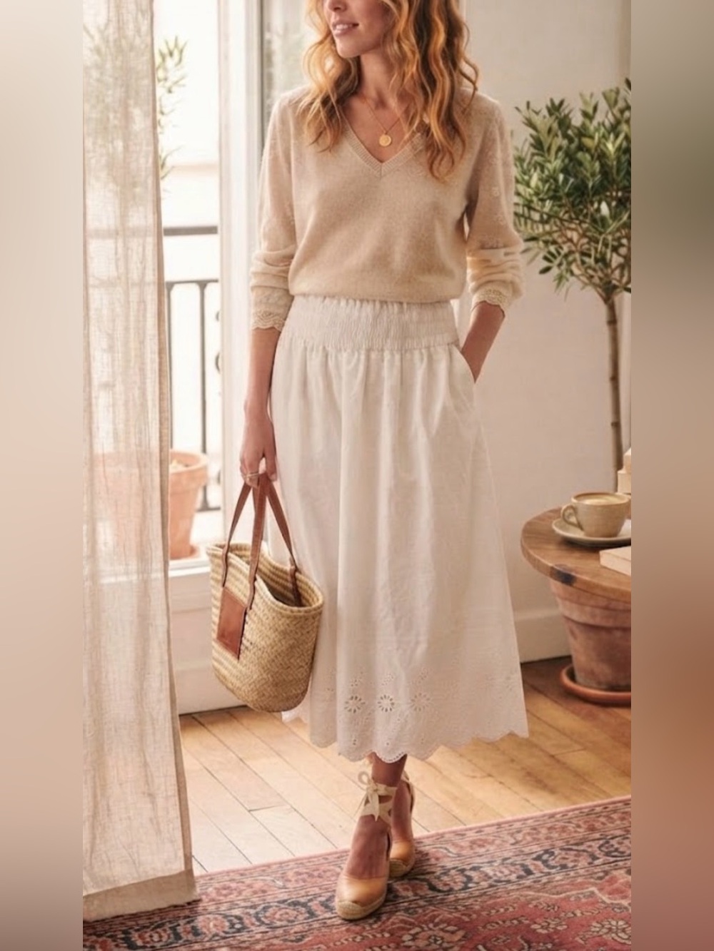 Set Lillysilk Cashmere V-Neck Sweater & Uniqlo Cotton Midi Skirt Set | S / M